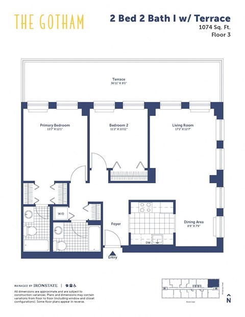 Floor plan for 2 beds, 2 baths, 1074 sqft